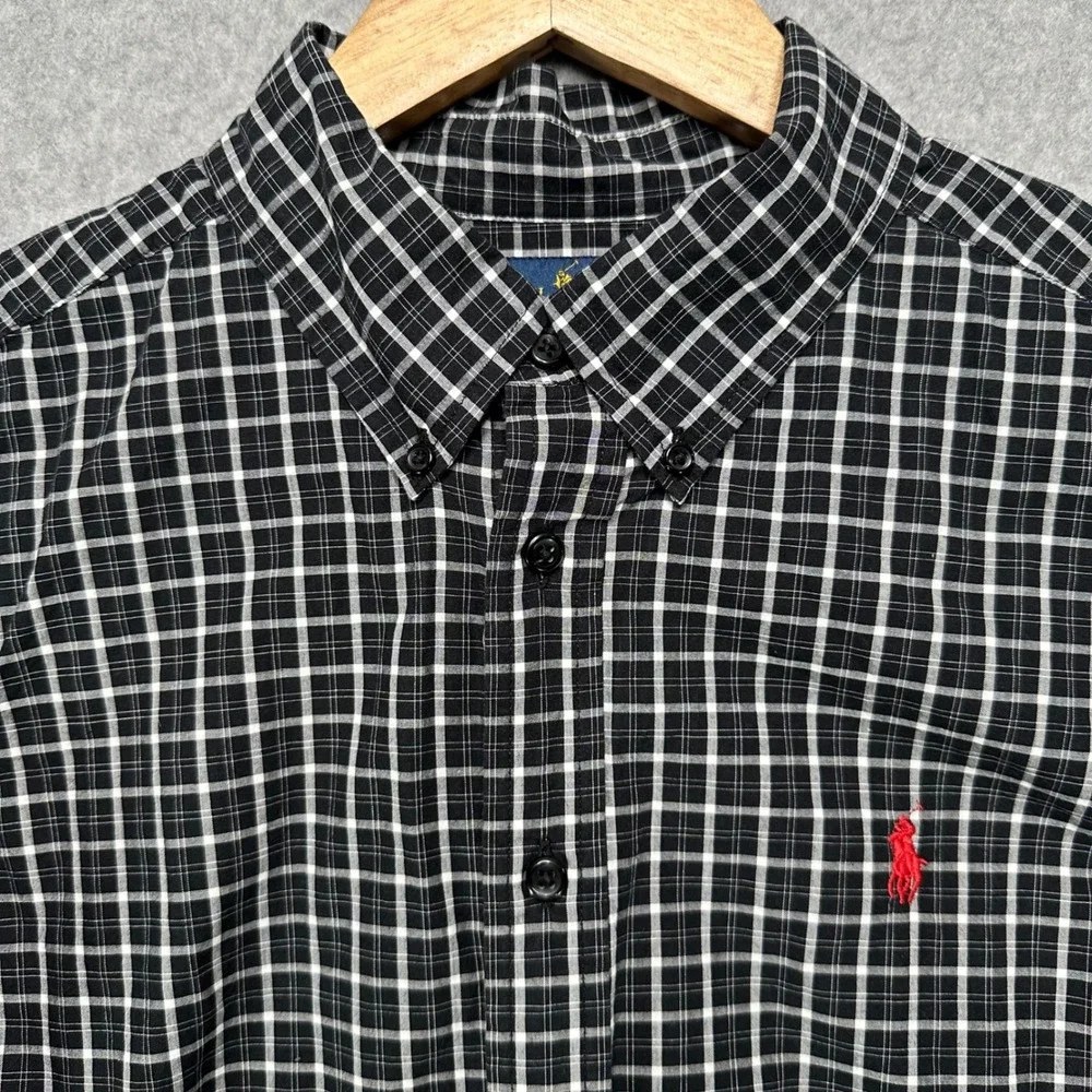 Ralph Lauren Boys Large 14-16 Black White Plaid Button Down Long Sleeve Shirt